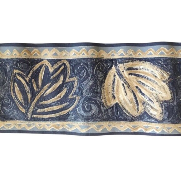 VYMURA "Marsala" 3 Rolls Shades Blue & Beige Leaf Design Vinyl Wallpaper Border - Picture 6 of 6